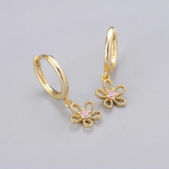 NEW Silver Gold Simple Sweet Flower Hoop Earring - Picture 6 of 6